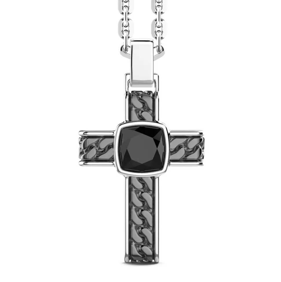 Silver Necklace With Cross Pendant And Square Onyx.^Zancan Gioielli Shop