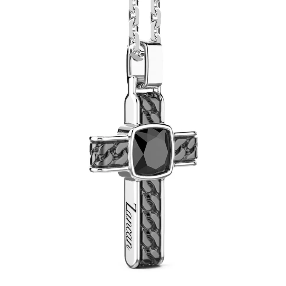 Silver Necklace With Cross Pendant And Square Onyx.^Zancan Gioielli Shop