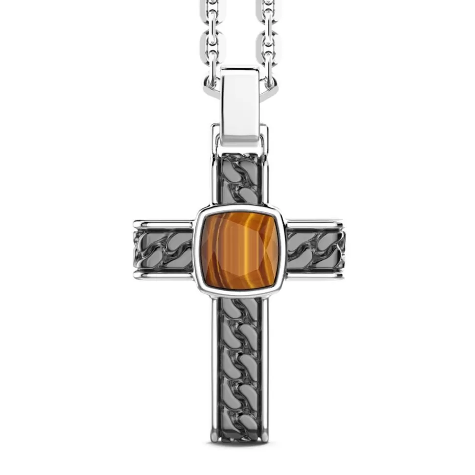 Silver Necklace With Cross Pendant And Square Tiger'S Eye.^Zancan Gioielli Clearance