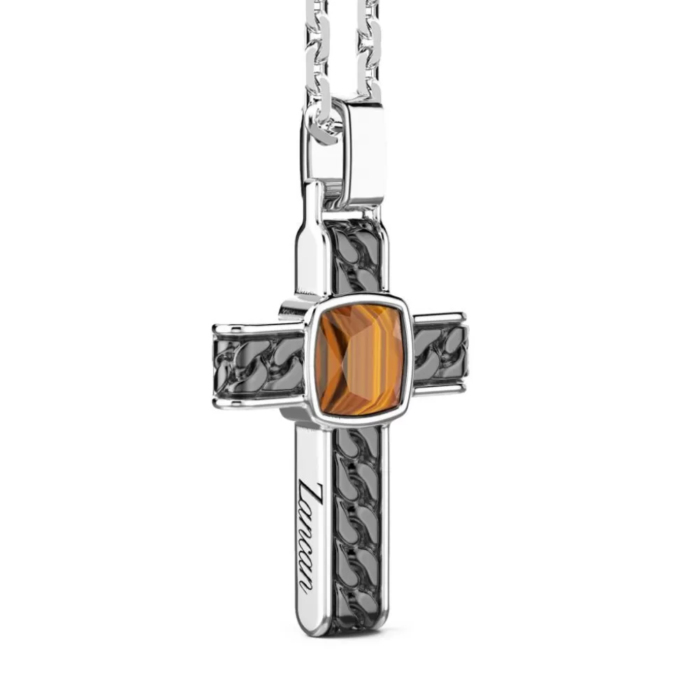 Silver Necklace With Cross Pendant And Square Tiger'S Eye.^Zancan Gioielli Clearance