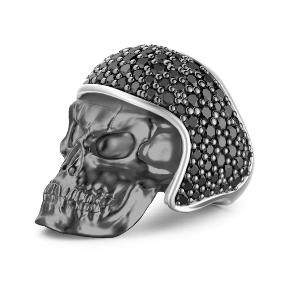 Zancan Burnished Silver Biker Skull Ring With Black Stones.^Zancan Gioielli Clearance