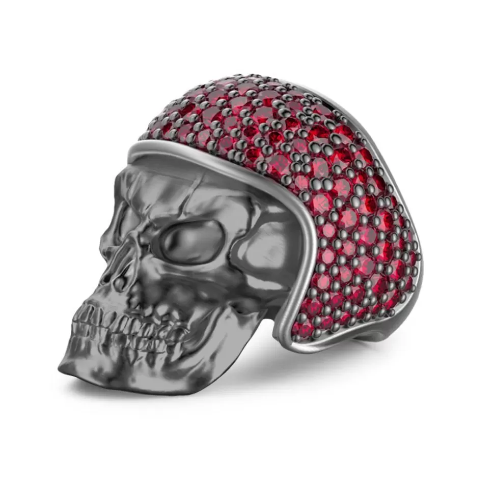 Zancan Burnished Silver Biker Skull Ring With Red Stones.^Zancan Gioielli Clearance