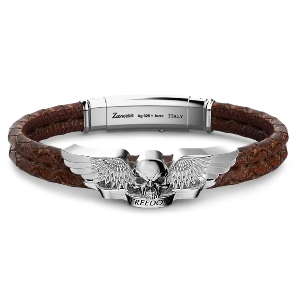 Zancan Leather And Silver Winged Skull Bracelet.^Zancan Gioielli Clearance