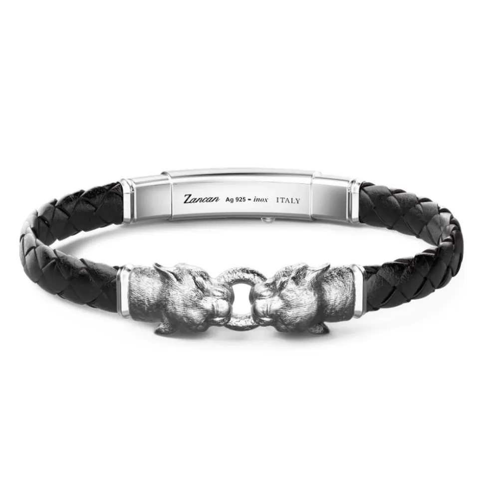 Zancan Silver And Leather Bracelet With Panthers.^Zancan Gioielli Clearance