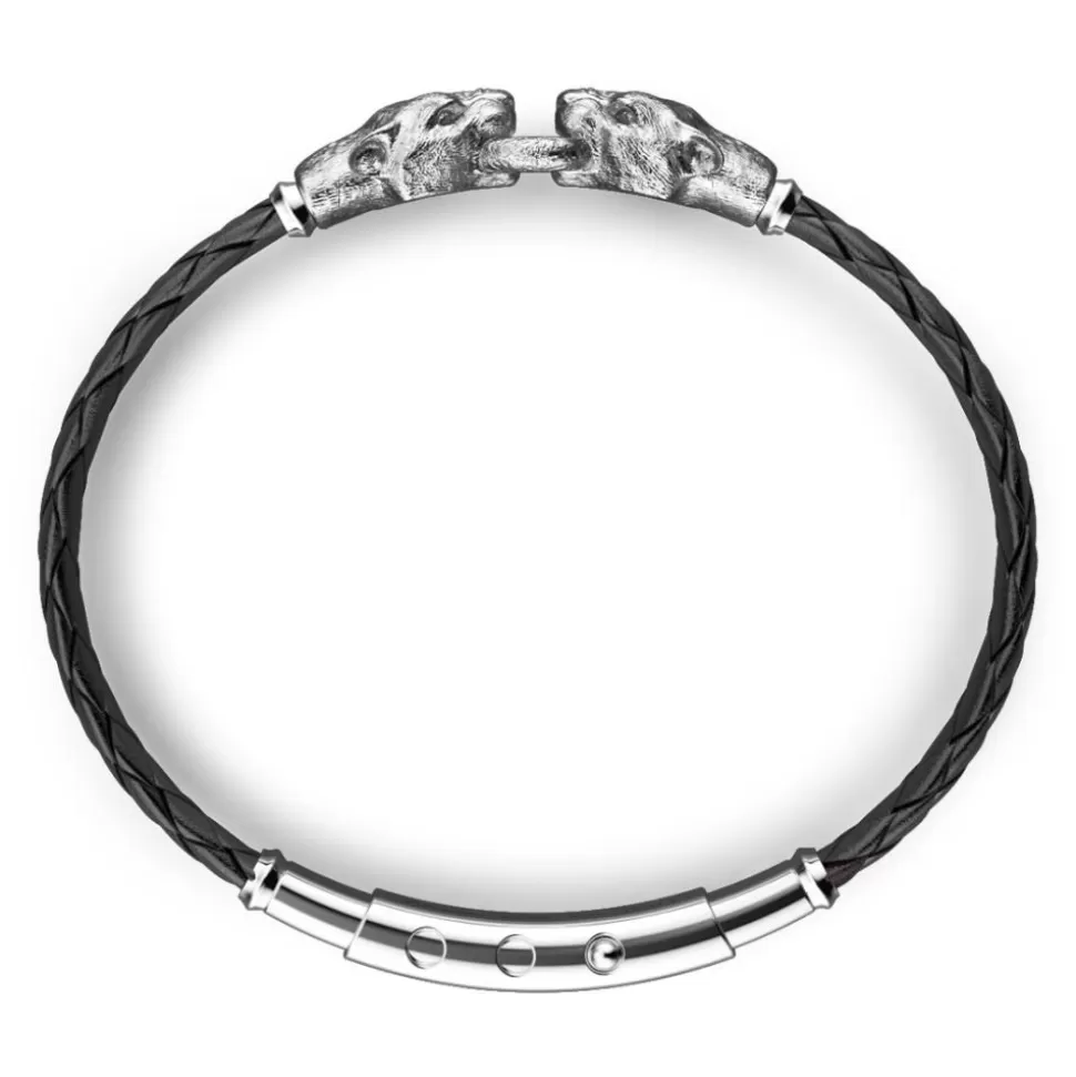 Zancan Silver And Leather Bracelet With Panthers.^Zancan Gioielli Clearance