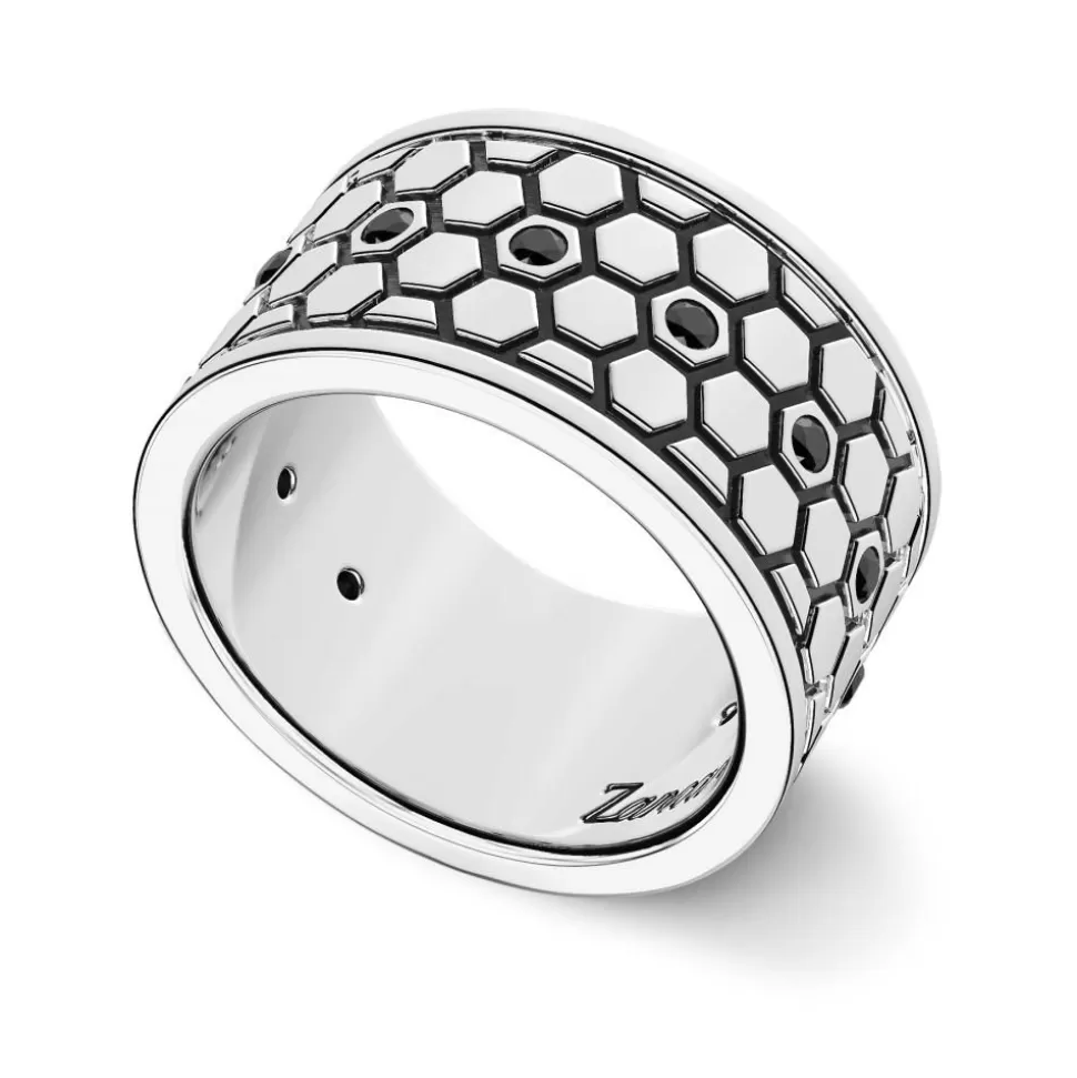 Zancan Silver Broad Band Ring With Black Stones.^Zancan Gioielli New