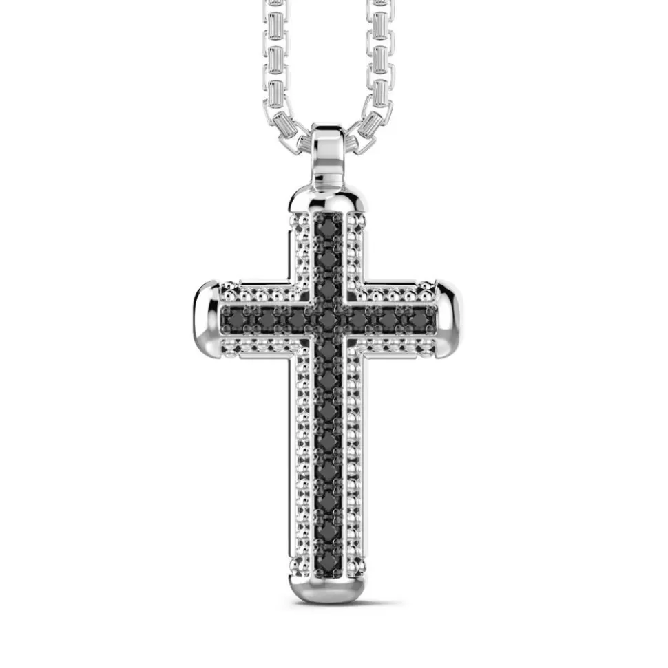 Zancan Silver Necklace With Cross Pendant And Black Stones.^Zancan Gioielli Online