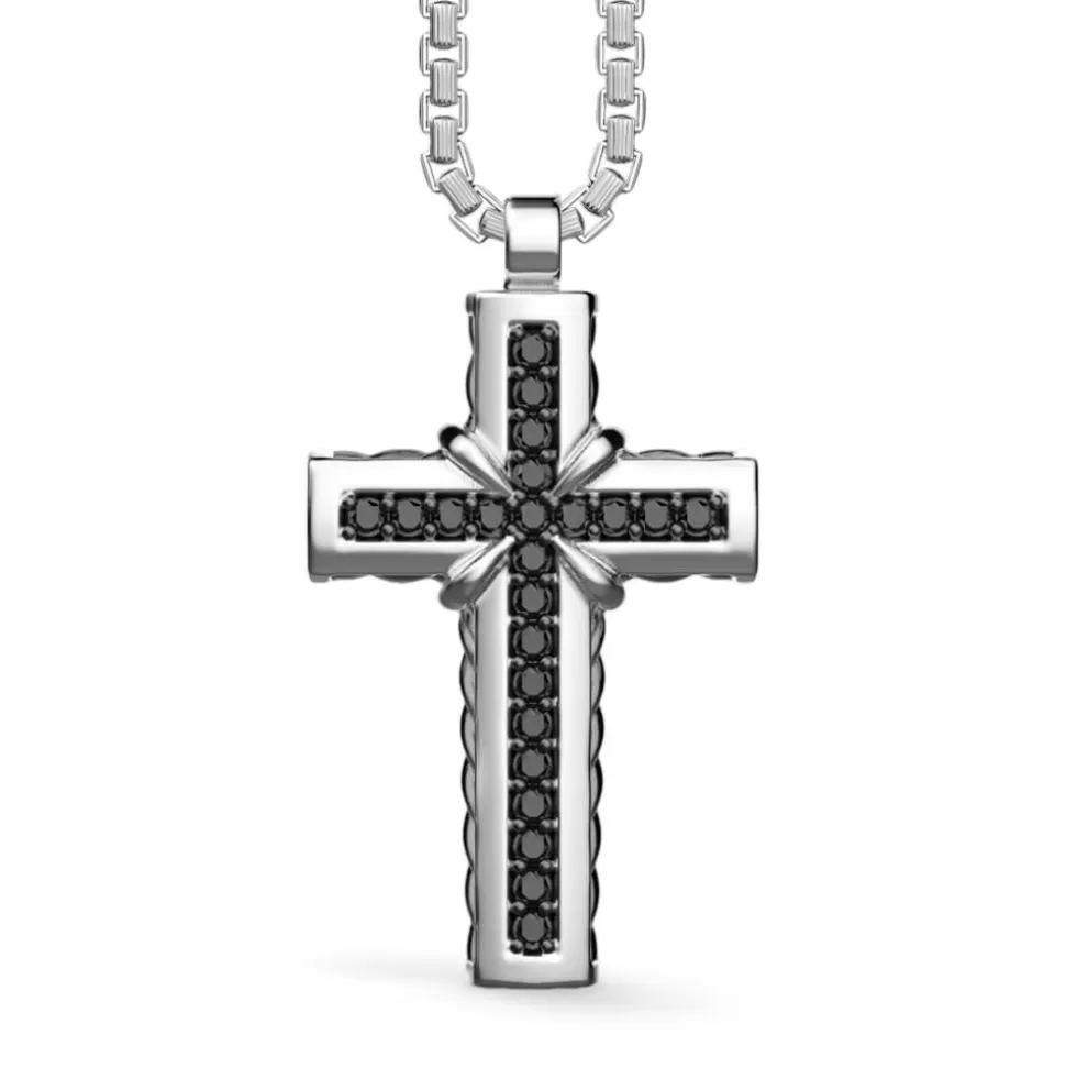 Zancan Silver Necklace With Cross Pendant And Black Stones.^Zancan Gioielli Shop