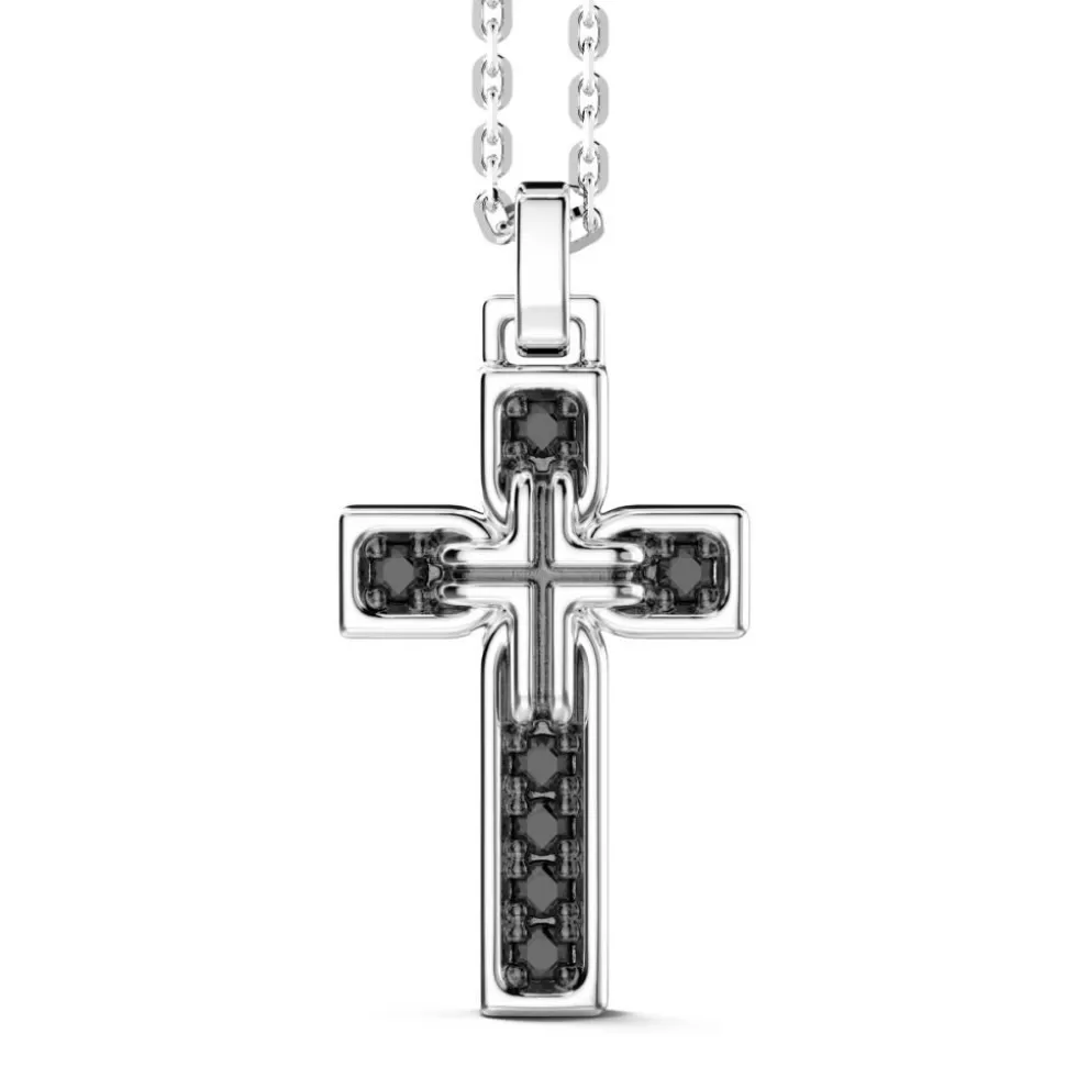 Zancan Silver Necklace With Cross Pendant And Black Stones.^Zancan Gioielli Fashion