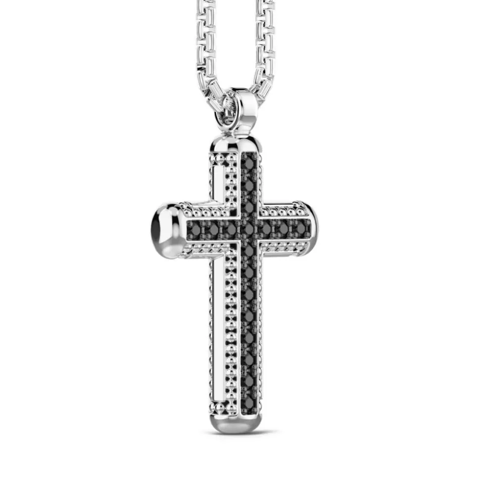 Zancan Silver Necklace With Cross Pendant And Black Stones.^Zancan Gioielli Online