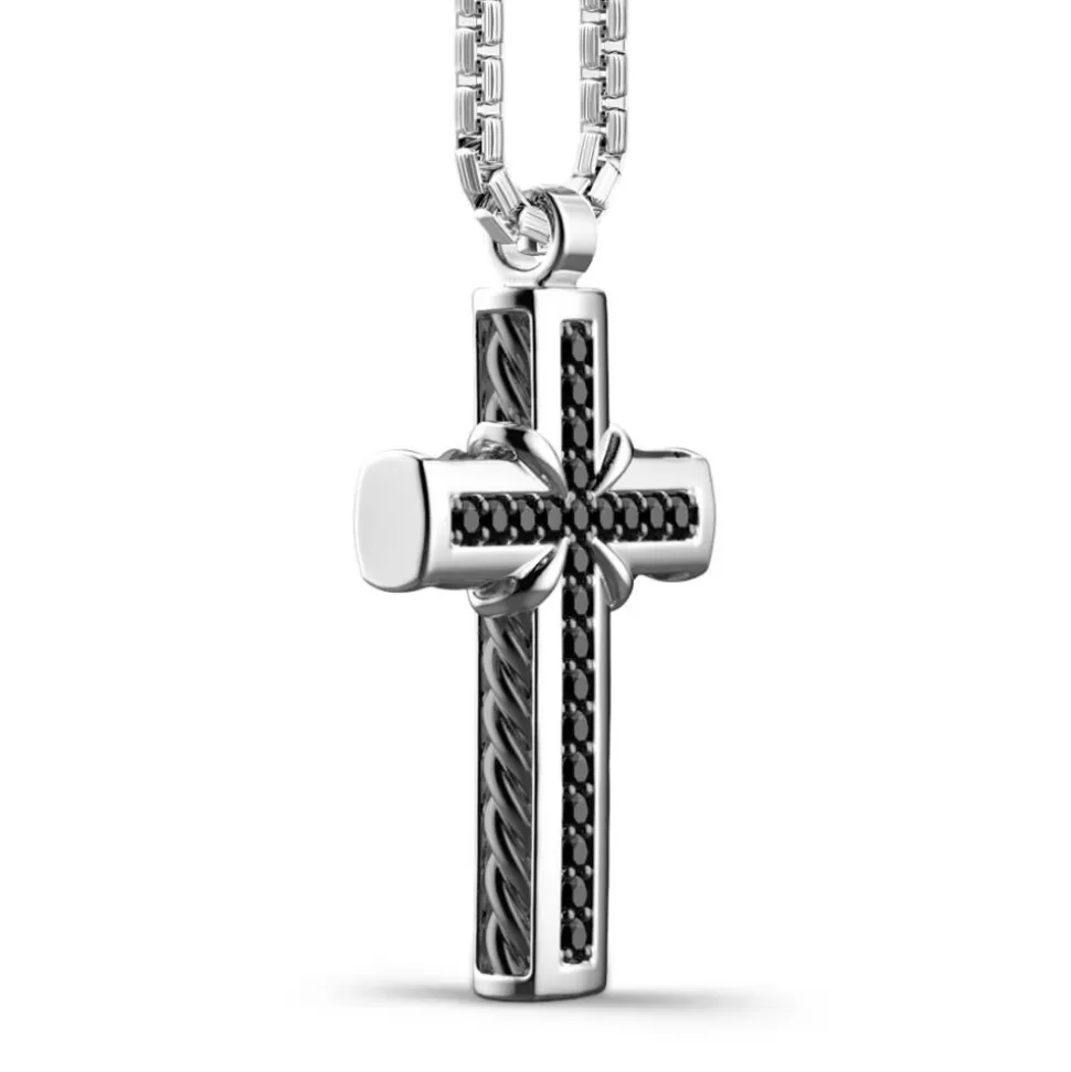 Zancan Silver Necklace With Cross Pendant And Black Stones.^Zancan Gioielli Shop