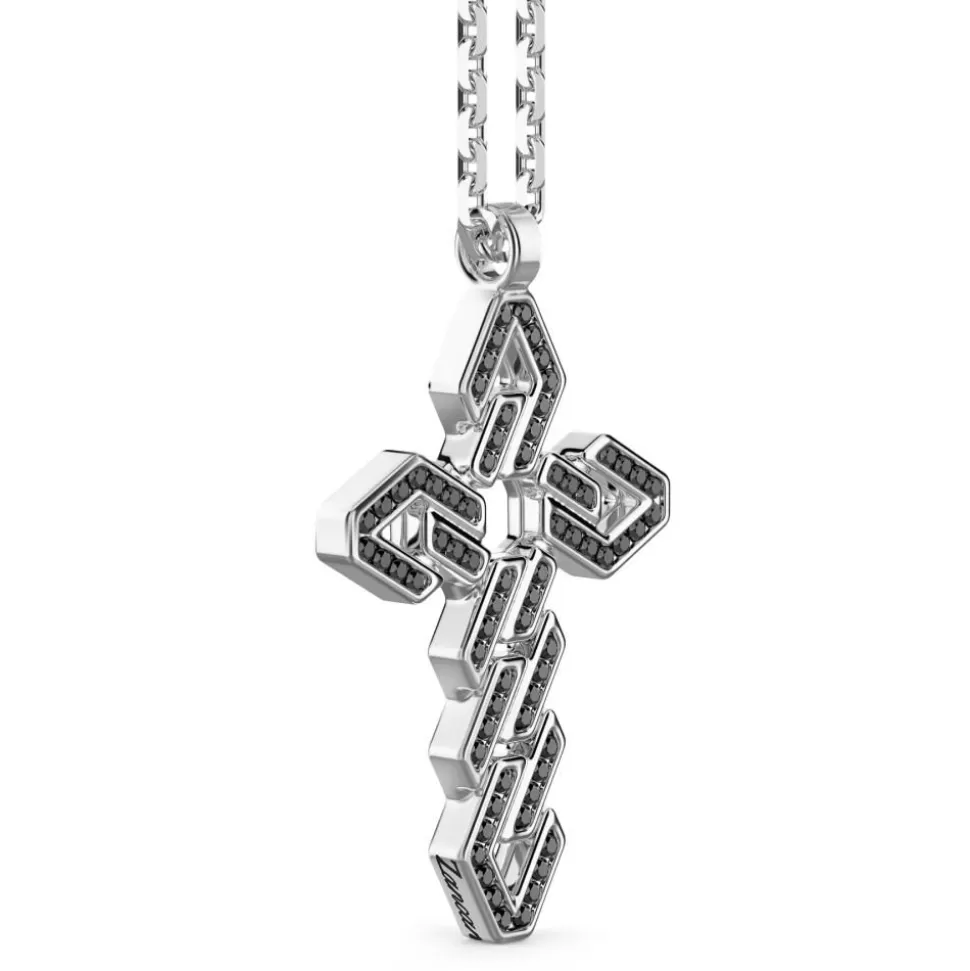 Zancan Silver Necklace With Cross Pendant And Black Stones.^Zancan Gioielli Shop