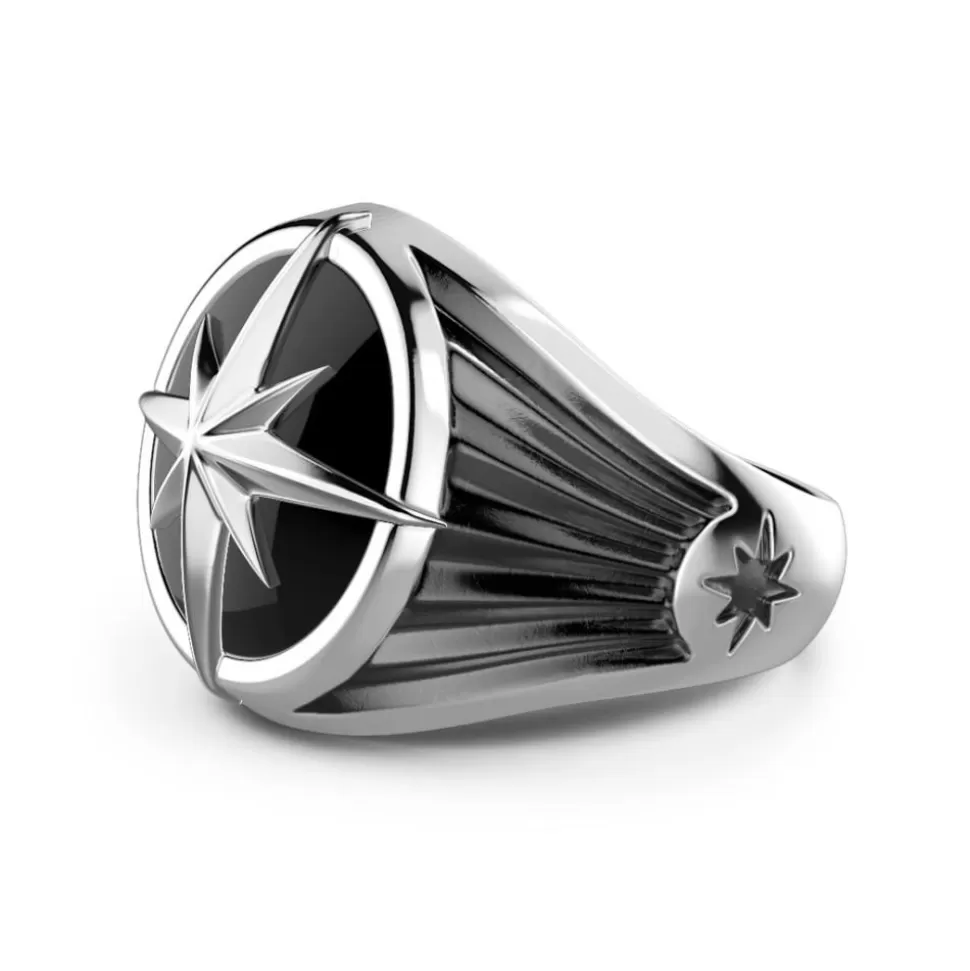 Zancan Silver Ring With Iconic Wind Rose On Onyx.^Zancan Gioielli Outlet