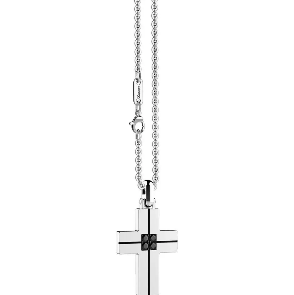 Zancan Steel Necklace With Cross And Black Diamonds.^Zancan Gioielli Store