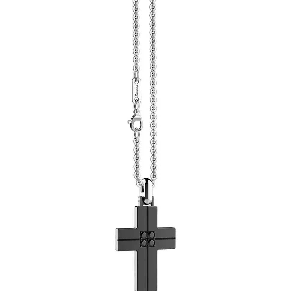 Zancan Steel Necklace With Cross And Black Diamonds.^Zancan Gioielli Discount